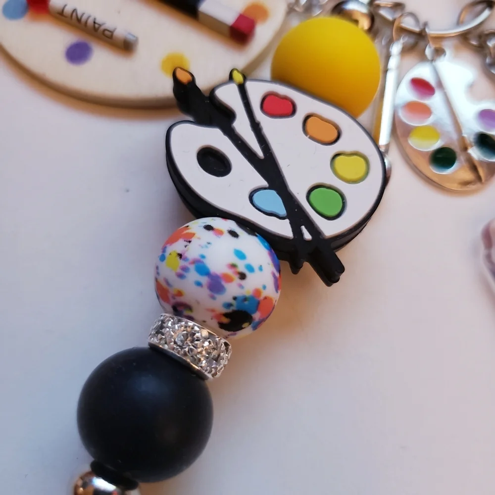 Handmade Bob Ross Artist Painter Art Palette Silicone Focal Beaded Keychain